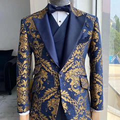 Threebooy Floral Suits for Men Slim Fit Jacquard Wedding Tuxedo Navy Blue and Gold Gentleman Jacket with Vest Pant 3 Pcs 2024