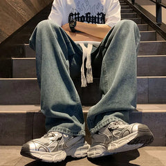 Threebooy  Straight Jeans men Elastic waist Spring New Vintage Casual Baggy Jeans Korean Youth Trousers Classic Wide Leg Denim Pants