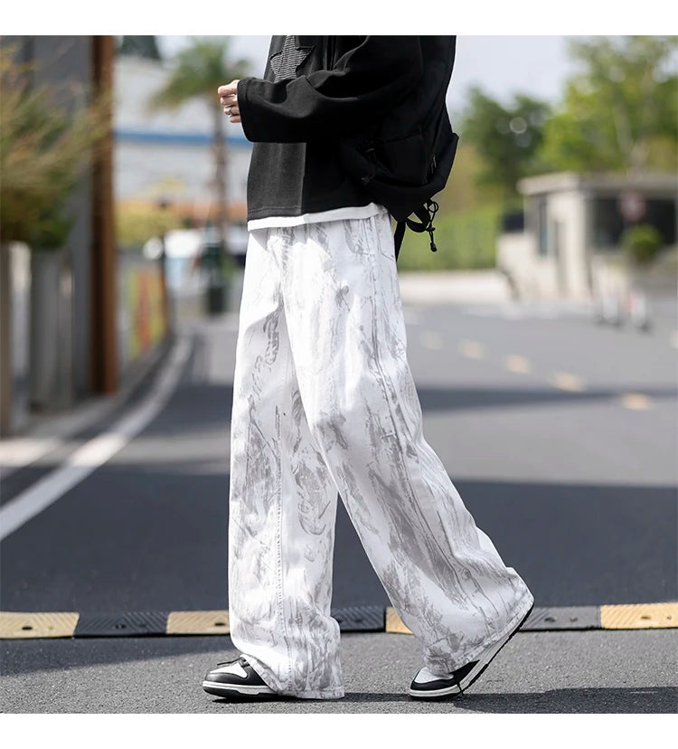 Threebooy Jeans Mens Classic Straight Leg Jeans White Tie Dye Denim Pants Unisex Fashion Casual Trousers Streetwear Hip Hop Style Washed