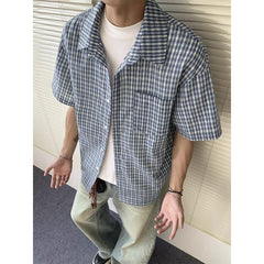 Threebooy Blue short-sleeved plaid shirt for men, summer cleanfit collar shirt, American loose couple style.