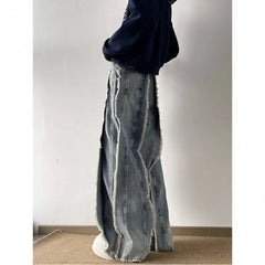Threebooy Destroyed Stitching Jeans Men's Rough selvedge Blue Washed Jeans Gothic Style Street Trend Clothing Retro Loose Wide Leg Pants