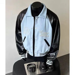Threebooy  American Retro Baseball Uniform High Street Contrasting PU Leather Bead Design Ragdoll Sleeve Jacket Versatile Couple Jacket