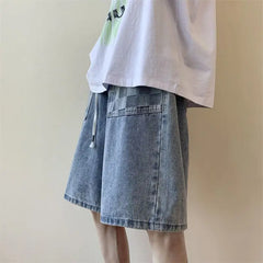 Threebooy New Summer Men's Stitching Plaid Short Jeans Korean Fashion Streetwear Blue Baggy Denim Shorts Wide Leg Large Pocket Shorts