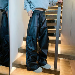 Threebooy Black Leather Pants Men Oversized Retro Pocket Cargo Pants Men Streetwear Hip-hop Loose Wide Leg Pants Mens Motorcycle Trousers