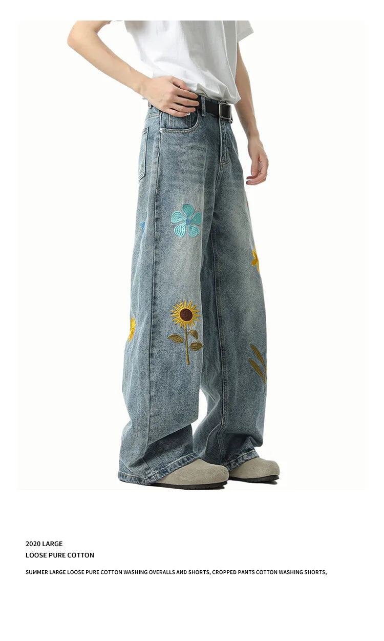 Threebooy Jeans Men Washed Embroidered Jeans Loose Fit Straight Wide Leg Casual Denim Pants Fashion Trendy Streetwear Trousers Comfort
