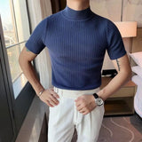 Threebooy Autumn New Short Sleeve Knitted Sweater Men Tops Clothing 2024 All Match Slim Fit Stretch Turtleneck Casual Pull Homme Pullovers