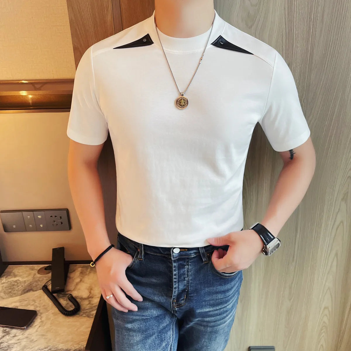 Threebooy  Korean Fashion Splicing Short Sleeved T-shirts Men Summer Slim Fit Round Neck Casual T-shirt  Versatile Daily Base Shirt