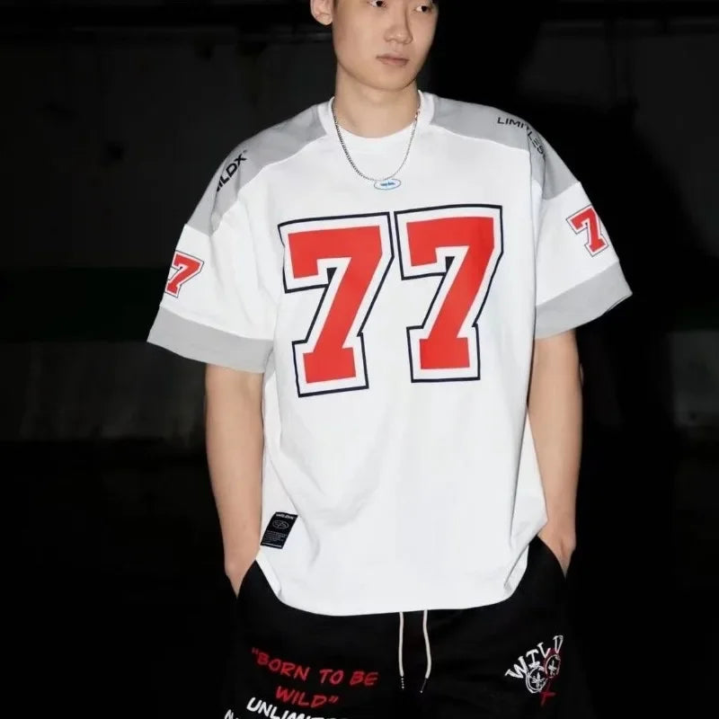Threebooy  Spliced Short-sleeved Top American Retro Sports High Street Casual Rugby Uniform Basketball Hip-hop Jersey Aesthetic Oversize