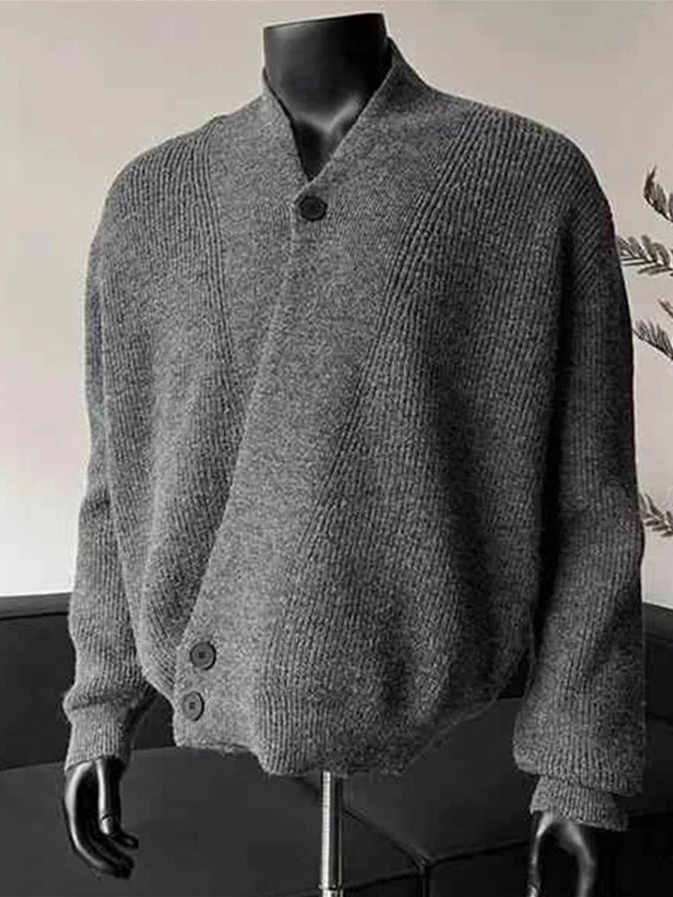Threebooy  Winter Korean Fashion Slanted Button Cardigan For Man Casual Loose V-neck Knitted Sweaters High Street Y2K Knitwear Jacket