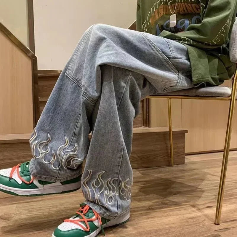 Threebooy  Men's Fashion Flame Embroidery Jeans Neutral Wide Denim Pants Baggy Straight Youth Casual Hip Hop Trousers Male Trendy Brand