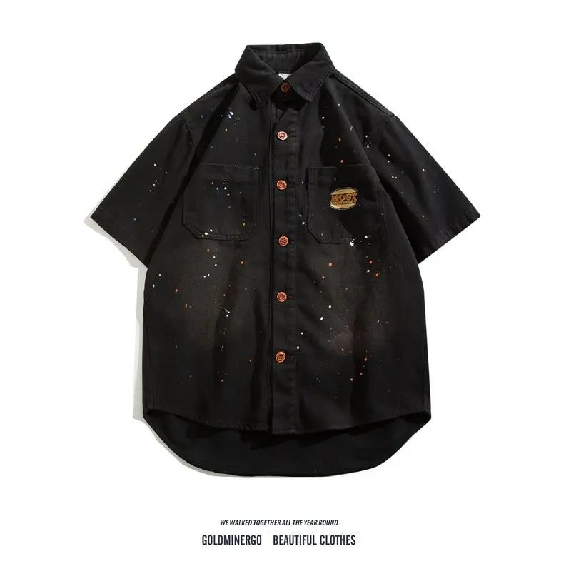 Threebooy American hip-hop men and women trendy splashed ink denim shirt for couples loose retro high-end wide casual top harajuku y2k
