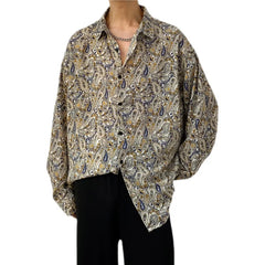 Threebooy Spring Summer New Cashew Flower Print Shirt Korean style Loose Casual Long-sleeved Tee Tops All-Match Blouse Men