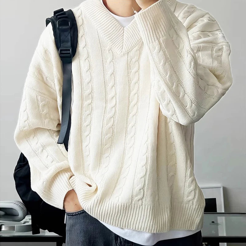 Threebooy  New American Retro Men Jacquarded Sweater Casual V Neck Solid Color Long Sleeve Knitwear Premium Quality Knitted Pullovers M-2XL