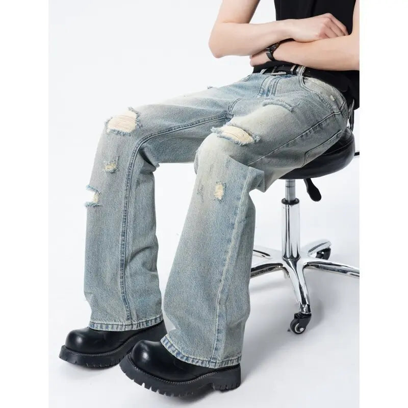 Threebooy Men Straight Leg Vintage Blue Washed Denim Jeans Casual Ripped Distressed Trousers Classic Retro Style Comfortable Streetwear