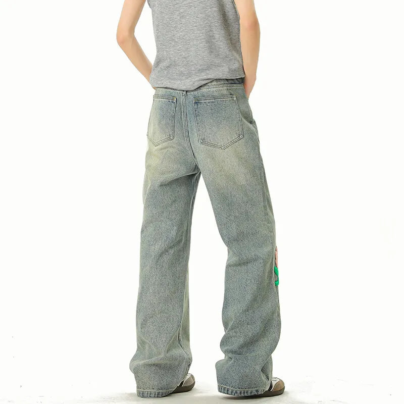 Threebooy Blue Jeans Men Fashion Casual Straight Jeans Streetwear Hip-hop Loose Flower Jeans Mens Vintage Denim Pants Man Trousers