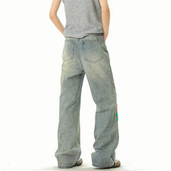 Threebooy Blue Jeans Men Fashion Casual Straight Jeans Streetwear Hip-hop Loose Flower Jeans Mens Vintage Denim Pants Man Trousers