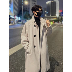 Threebooy New 2025 Autumn Winter Men Imitation Wool Overcoat Stand Collar Mid Long Single Breasted Windproof Warm Coat Fashion Outerwear