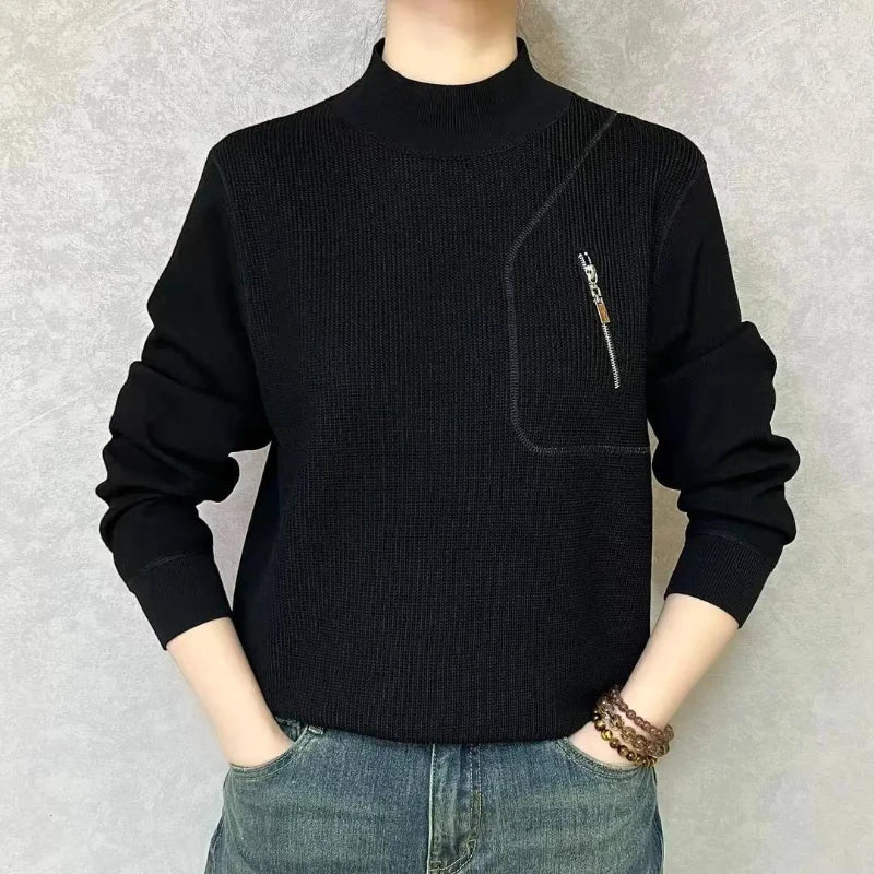 Threebooy  High Street Men Solid Long Sleeve Winter Sweaters Casual Chic All-match Half High Collar Bright Line Decoration Knit Pullovers