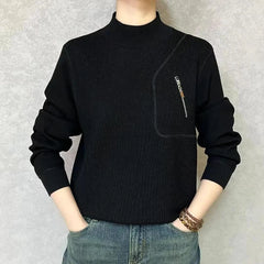 Threebooy  High Street Men Solid Long Sleeve Winter Sweaters Casual Chic All-match Half High Collar Bright Line Decoration Knit Pullovers