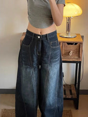 Threebooy New Spring and Autumn Street Men and Women Trendy Personalized Curved Knife Jeans Couple Loose Retro Wide Leg Casual Pants