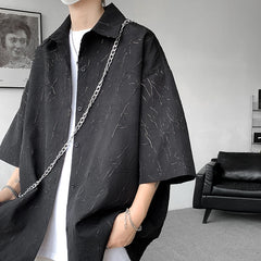Threebooy White/Black Men Shirt Texture Lapel Short Sleeve Korean Casual Shirts 2024 High Quality Streetwear Summer Leisure Men Clothing