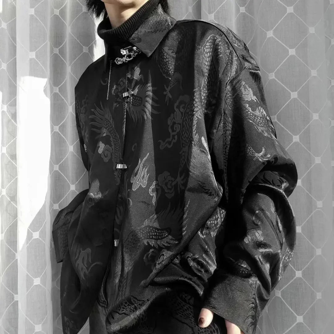 New Chinese Style Dragon Pattern Jacquard Silk Shirt For Men Casual Metal Buckle Dull Black Aesthetic Neutral Loose-fit Shirt