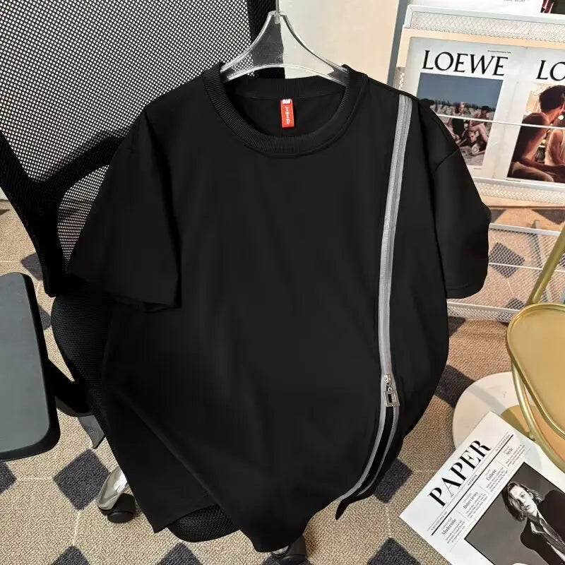 Threebooy  Summer New Men's T-shirt Niche Zipper Decoration Round Neck Short Sleeve Tees Simple Loose Versatile Tops