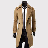 Threebooy Autumn Winter Men Long Trench Coat Double-breasted Solid Color Simple Mid-Length Windproof Thick British Fashion Slim Jacket