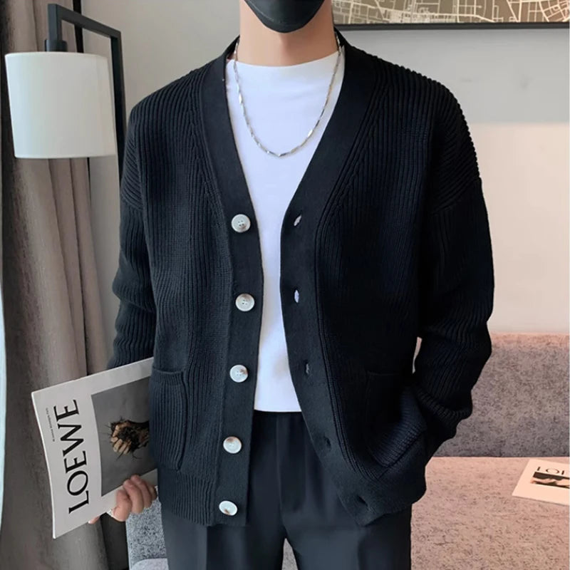 Threebooy Men Cardigan Fashion Luxury Knitted Sweater Coats Trendy Japanese Retro V Neck Long Sleeve Jacket Casual Stylish Knitwear M-3XL