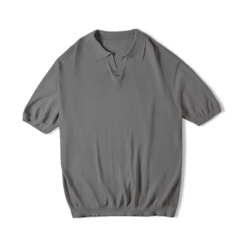 Threebooy  Japanese Workwear Retro V Lapel Knitted Loose Short-sleeved Ameka Machine Half-sleeved Polo Shirt T-shirt Men Summer