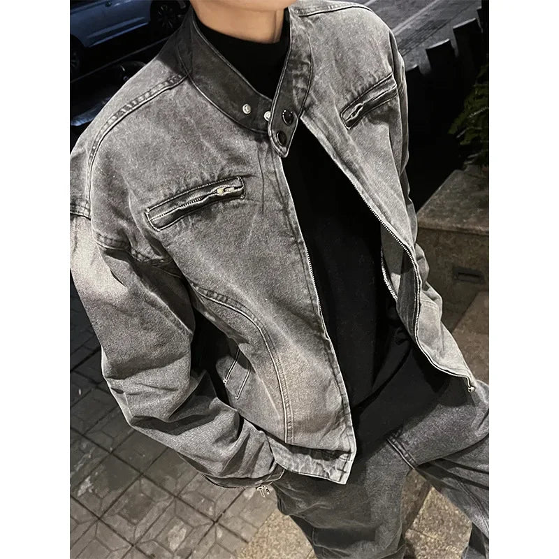 Threebooy Trendy American Style Vintage Cropped Jacket Men's Loose Fit Denim Clip-on Motorcycle Jacket Hiphop High Street Fashion