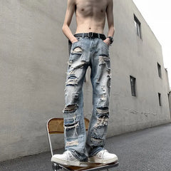 Threebooy European and American High Street Spring and Autumn Vintage Destruction Washed Straight leg Jeans Couple Hip Hop Casual Pants