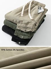 Threebooy Men's Straight Cargo Pants with 4 Pockets Washed Cotton Drawstring Elastic Waist Wide Leg Workwear Casual Pants Loose Fit