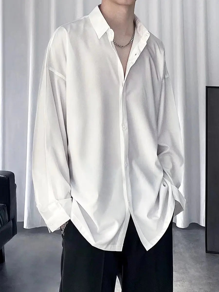 Threebooy  Black Shirt Men's Handsome Loose Drooping Long-sleeved Spring, Summer and Autumn Casual Men's Fashion Handsome Ice Silk Jacket
