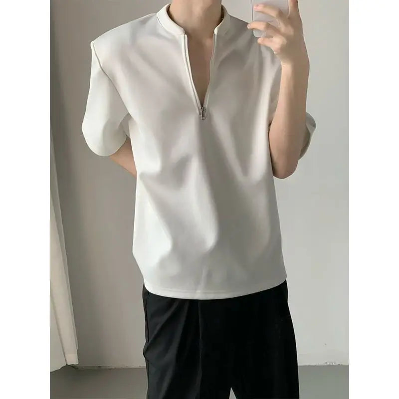 Threebooy  Men's Half-zip Collar Padded Shoulder Short Sleeve T-shirt Summer Thin Trendy Brand Bad Boy American Style POLO Shirt