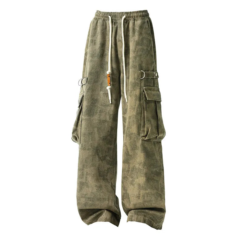 Threebooy Men Military Camo Workwear Cargo Pants Elastic Waistband Drawstring Tactical Joggers Loose Straight Leg Big Side Pockets Outdoor