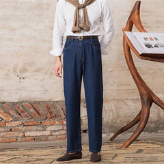 Threebooy  Luxury Naples Slim High Waist Denim Pants Fashion Navy American Retro Premium Elegant Jeans Men's Leisure Commuting Trousers