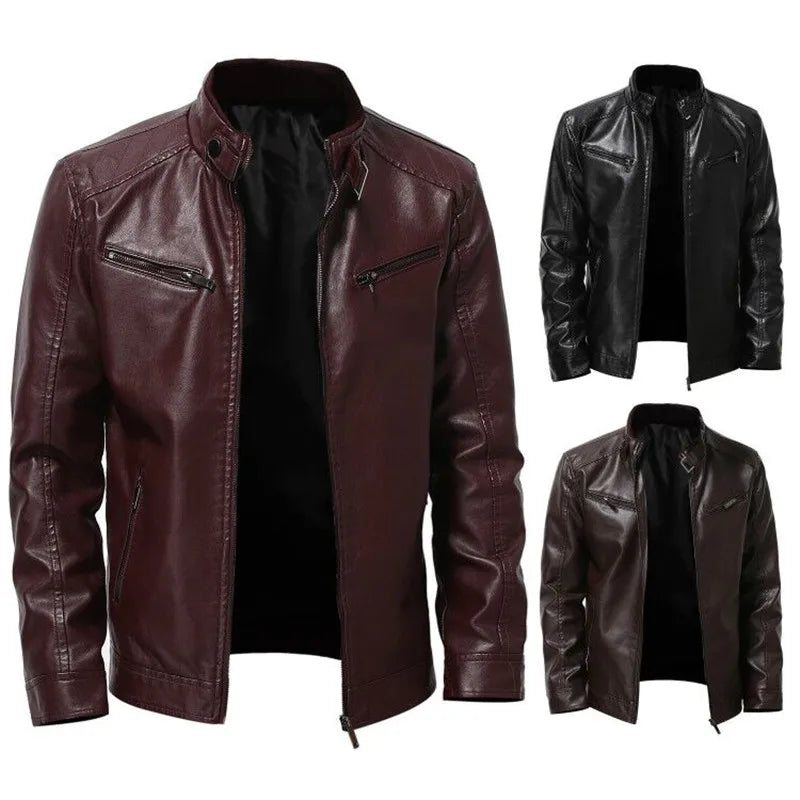 Threebooy New PU leather jacket men's stand collar casual plus velvet warm winter men's short slim motorcycle pilot leather jacket