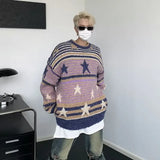 Threebooy Y2K Star Sweater Men Harajuku Striped Knitted Pullovers Jumpers Male Tops Oversize Purple Winter Streetwear Hip Hop