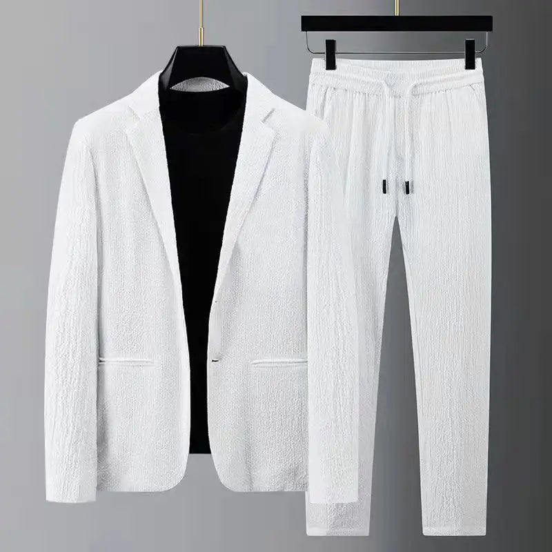 Threebooy Korean elegant set White Men's Casual Suit Jacket Men's Spring Thin Style Plus Size blazer Suit Striped Pleated Trendy set