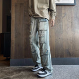 Threebooy Harajuku Muti-pockets Cargo Jeans Men's Washed Patchwork Straight Casual Trousers Couple Streetwear Loose Fashion Pants