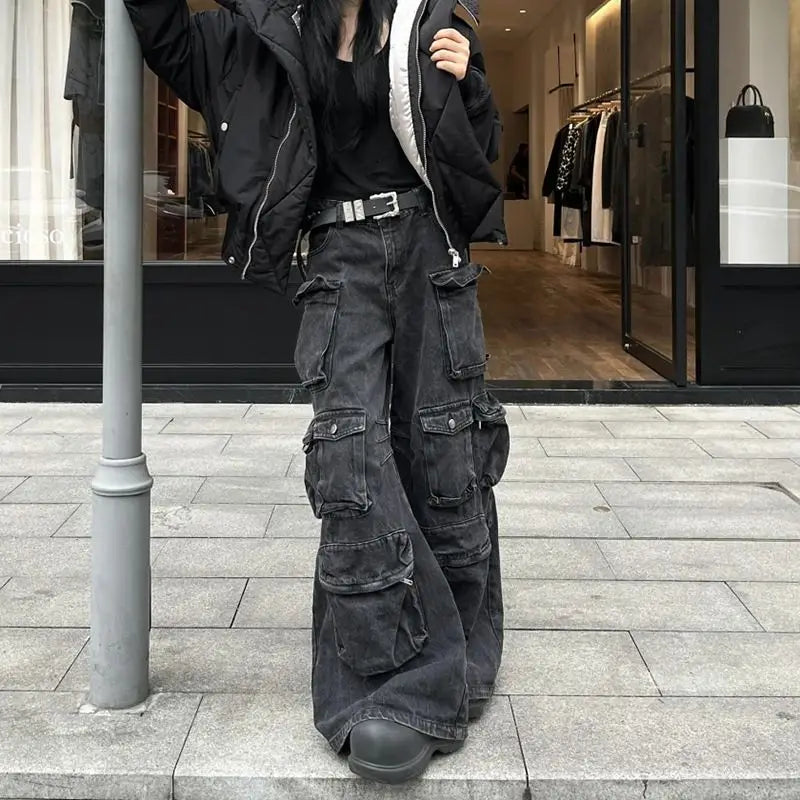 Threebooy  American heavy industry multi pocket splicing design straight tube workwear jeans men and women trendy retro casual pants y2k