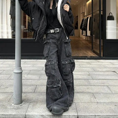 Threebooy  American heavy industry multi pocket splicing design straight tube workwear jeans men and women trendy retro casual pants y2k