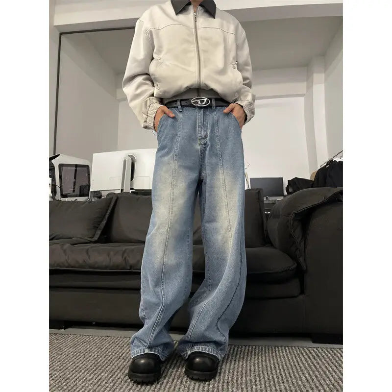 Threebooy  Jeans Men Loose Wide Leg Trousers Unisex low-rise jean Men's Denim Pants Old Blue Washed Male Jeans Straight Patchwork mop pants