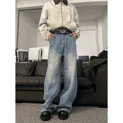 Threebooy  Jeans Men Loose Wide Leg Trousers Unisex low-rise jean Men's Denim Pants Old Blue Washed Male Jeans Straight Patchwork mop pants
