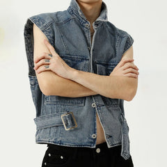 Threebooy High Street Street Korean Style Simple Denim Vest Jacket Men's Tide Brand Lapel Collar Distressed Denim Tooling Vest