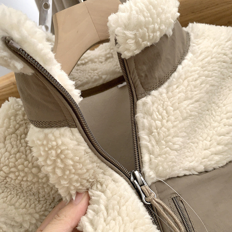 Threebooy Autumn Winter Lambswool Coat Male Loose Windproof Warm Sherpa Stand Collar Polar Fleece Jacket Unisex Simple  Pocket Spliced Top