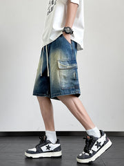 Threebooy Summer Denim Shorts Men Korean Fashion Wide Leg Straight Jean Short Male Multi-Pocket Loose Fit Denim Cargo Shorts