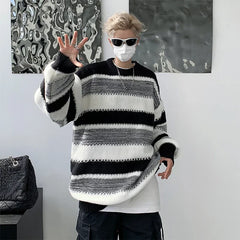 Threebooy High Street Men Striped Pullover Knitwear Korean Fashion Baggy Color Clashing Sweater Couple Clothing Crew Neck Knitted Jumper