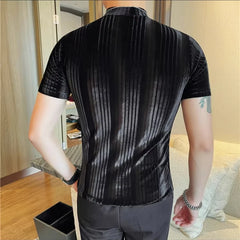 Threebooy  New Fleece Striped Short Sleeved T-shirt for Men in Spring and Summer Elastic Slim Fit Half High Neck Half Sleeve T-shirt